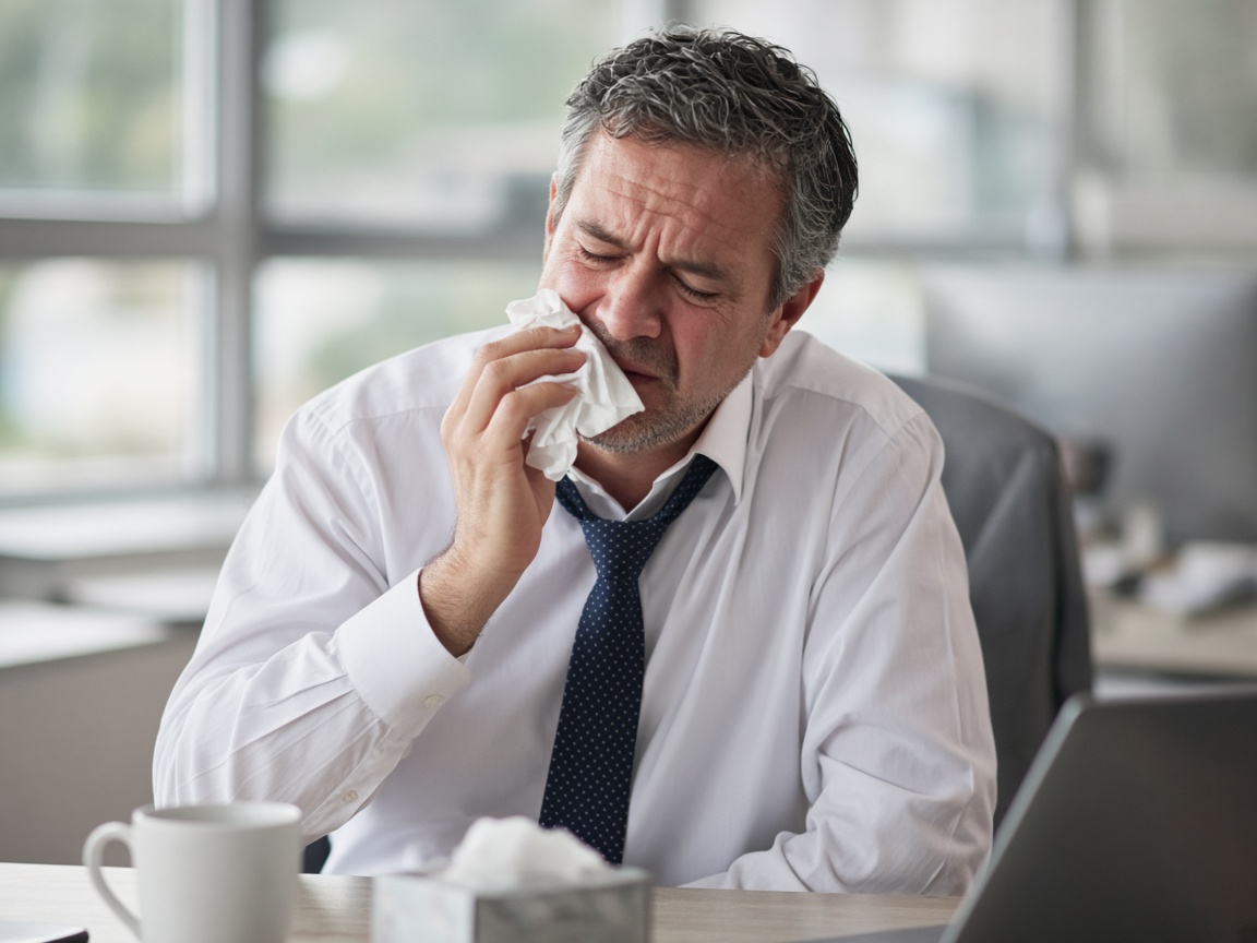 Sick businessman at work needing medication delivery